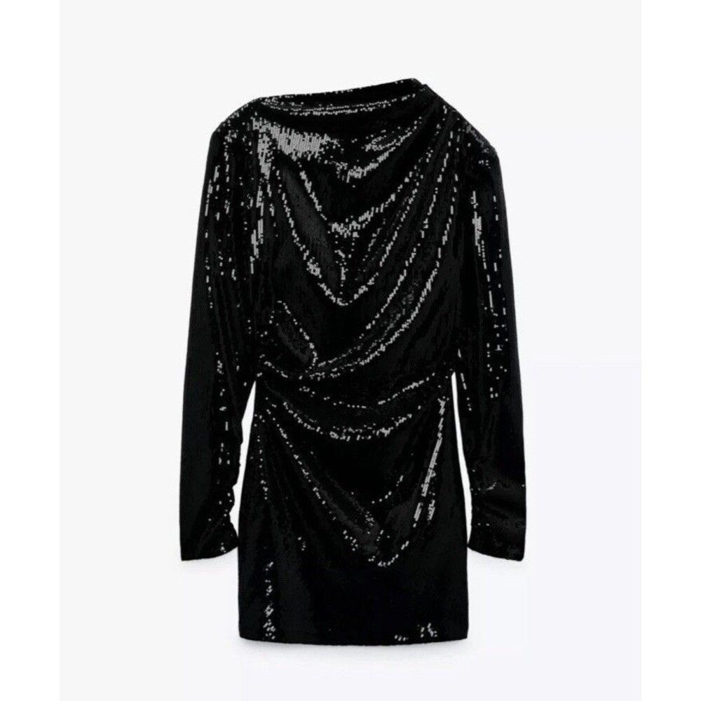 ZARA SEQUINS DRAPED PARTY COCKTAILS MINI LONG SLEEVE DRESS BLACK SIZE XS NWOT